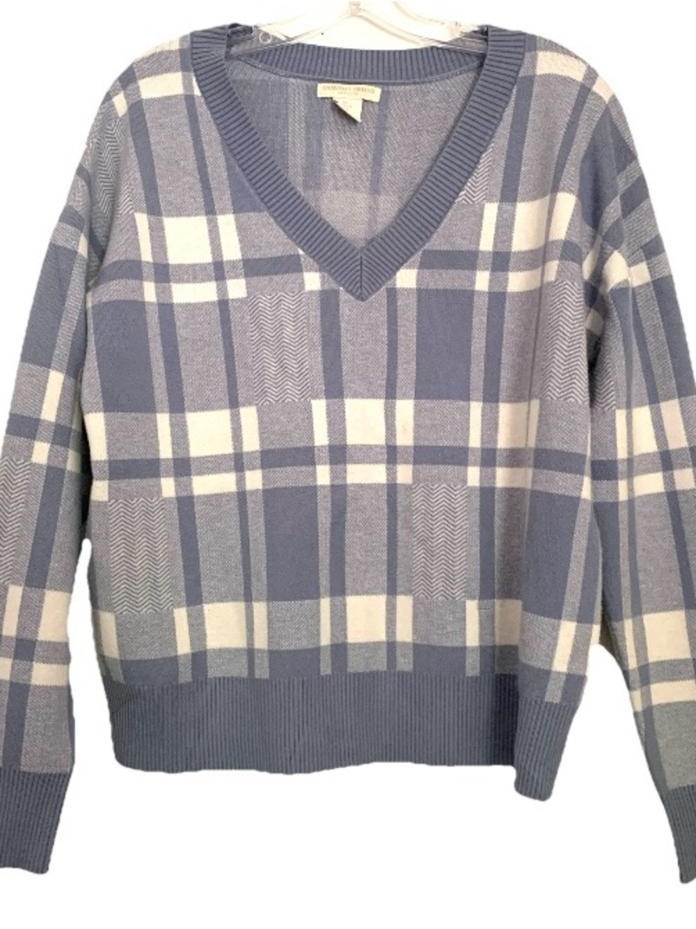Christian Siriano Sweater Plaid V-neck Pullover Periwinkle Blue Long Sleeve Sz L